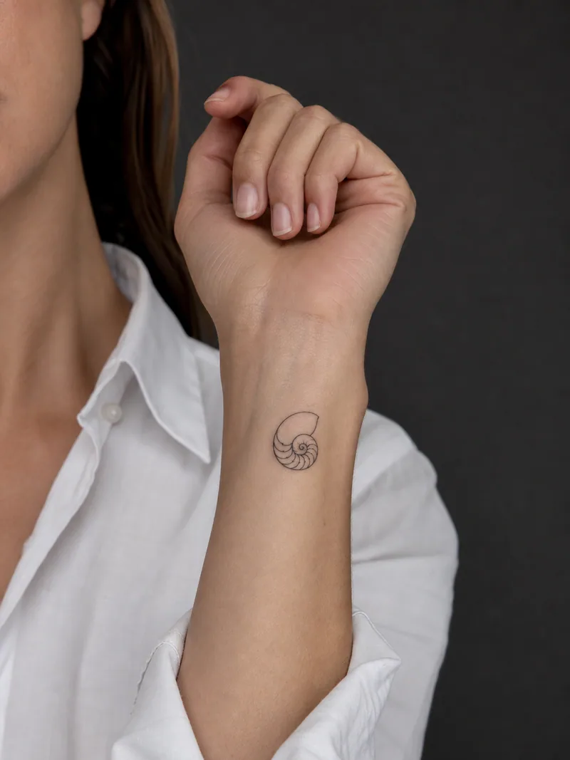 Tiny fine-line shell tattoo - A simplified nautilus spiral stays readable at wrist scale.