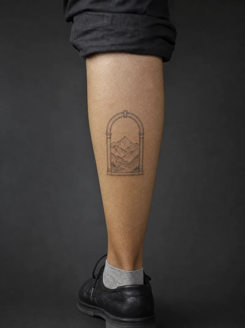 Fine-line landscape tattoo - An arched doorway frames a distant mountain view.