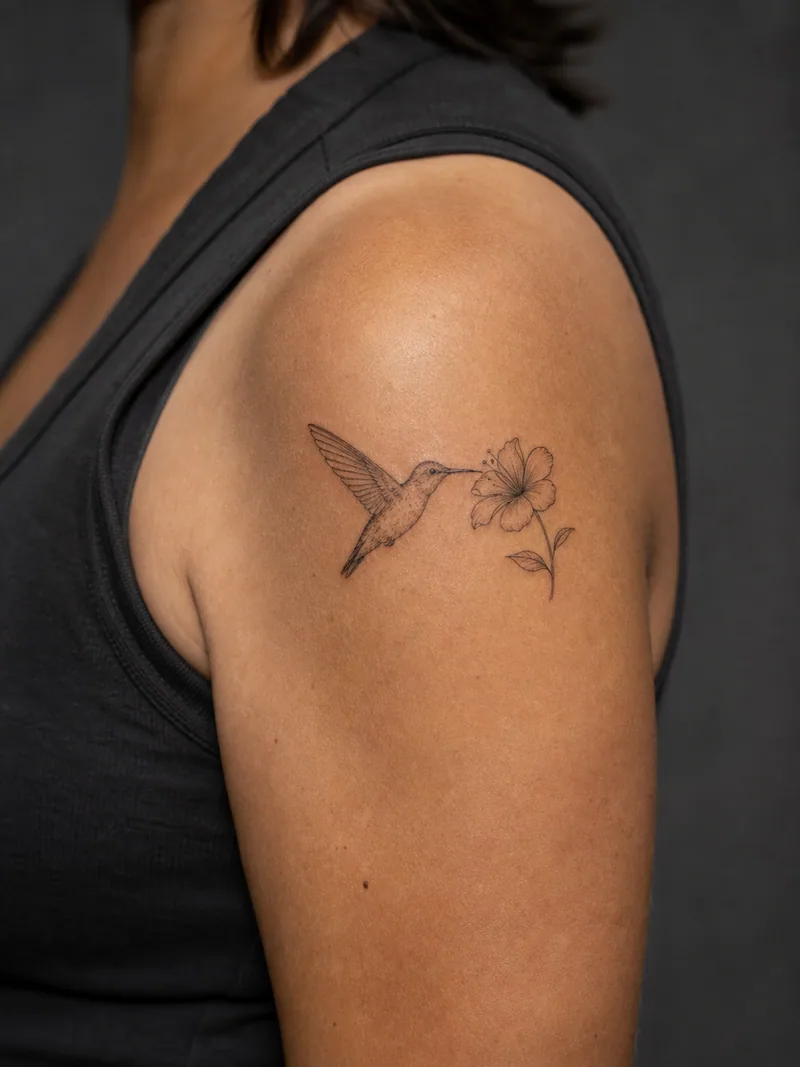 Fine-line hummingbird tattoo - A hovering hummingbird approaches one open flower.