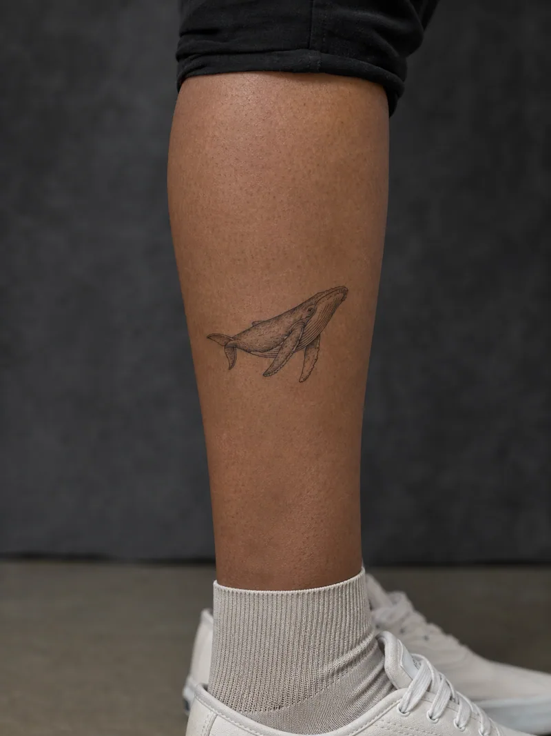 Fine-line whale tattoo - A humpback whale uses a clean contour and a few spaced shading lines.
