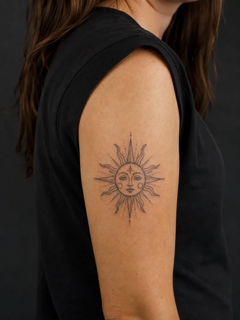 Fine-line sun tattoo - A calm sun face sits inside balanced rays and limited dotwork.