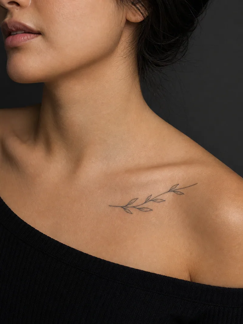 Fine-line olive branch tattoo - A slender branch follows the collarbone with simple open leaves.