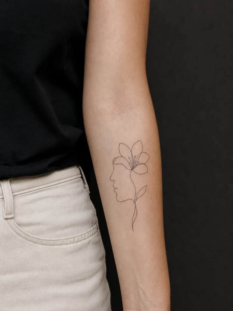 Fine-line face and flower tattoo - A side profile merges smoothly into one outlined flower.