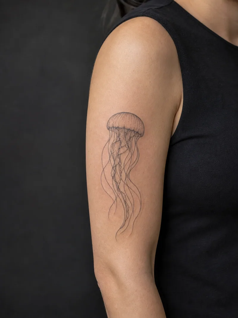 Fine-line jellyfish tattoo - Spaced tentacles descend from a lightly shaded bell.
