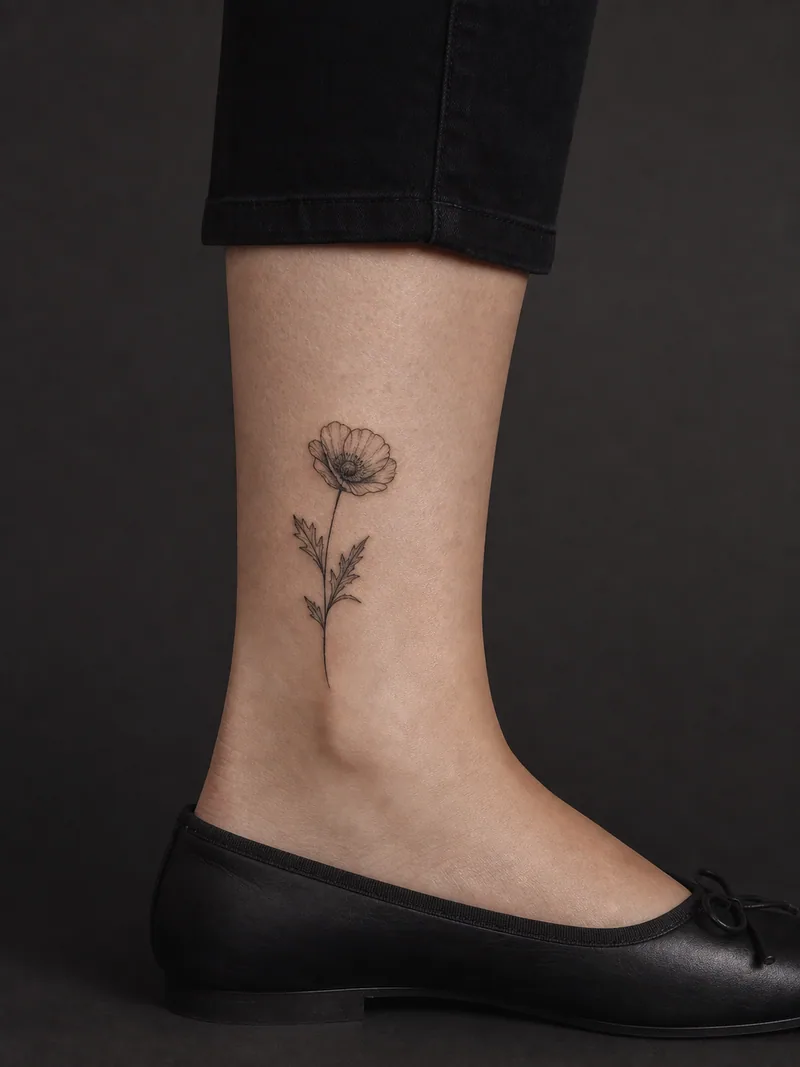 Fine-line poppy tattoo - One open poppy and two leaves form a simple ankle-length stem.