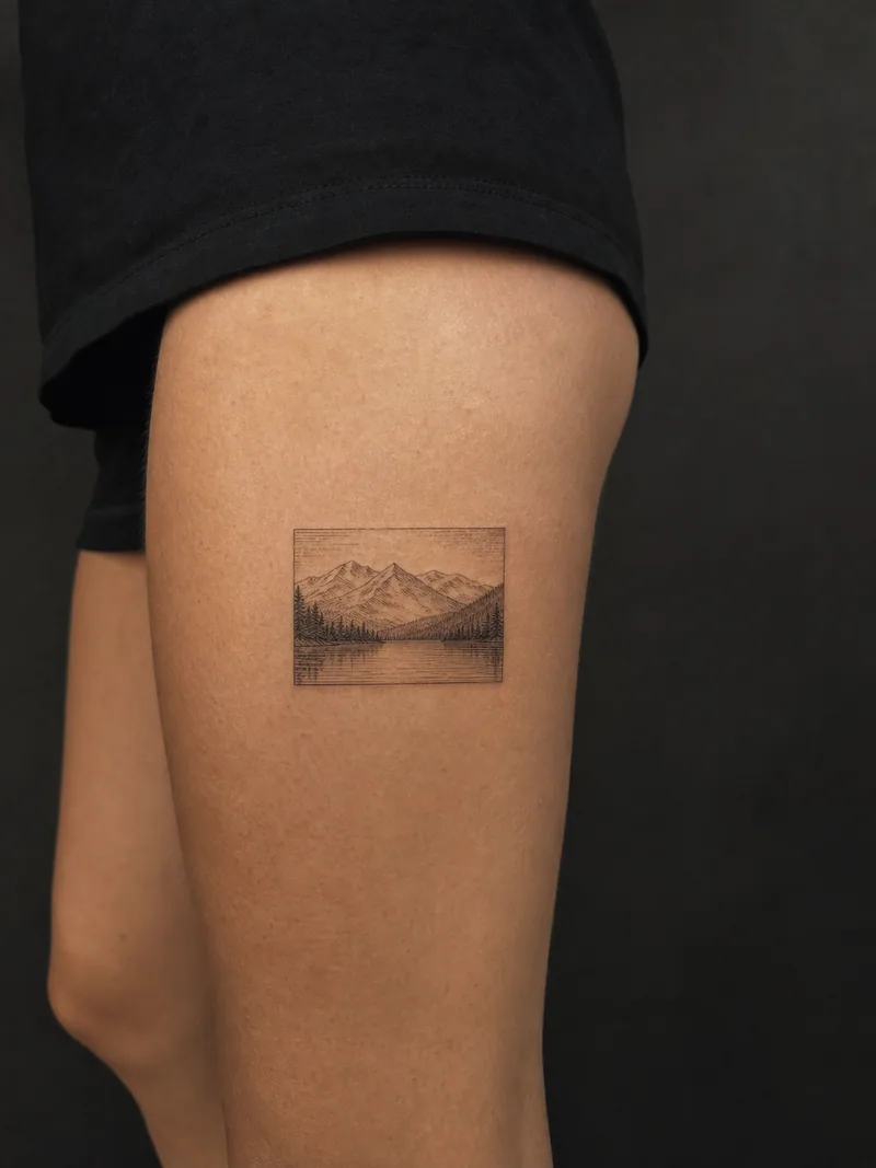 Fine-line mountain lake tattoo - A small rectangular frame contains a mountain and lake scene.