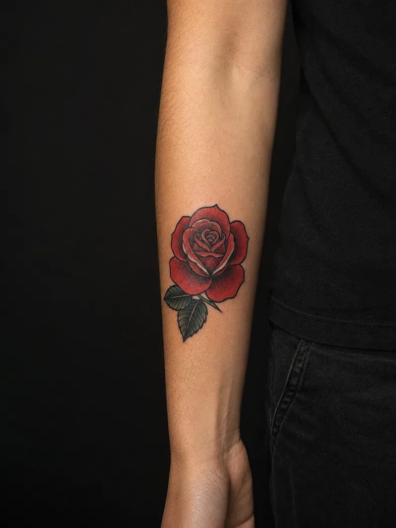 Traditional rose tattoo - A classic red rose stays compact through bold outlines and two dark leaves.