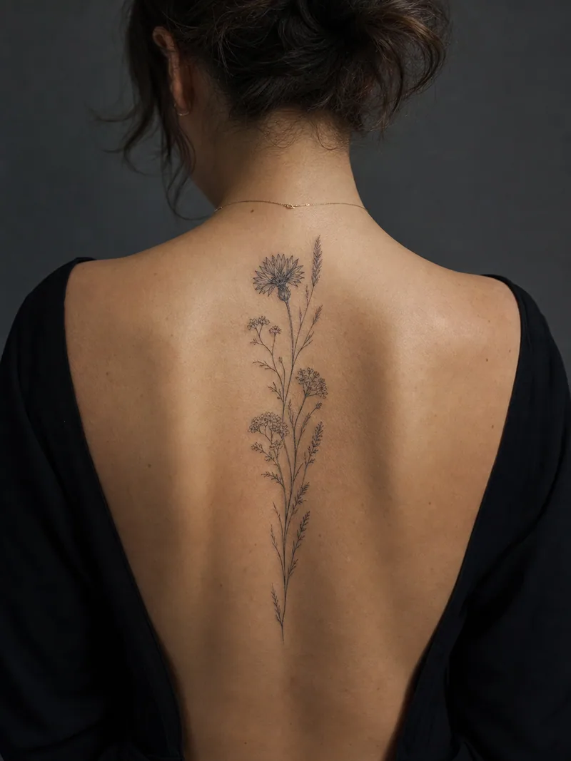 Wildflower spine tattoo - Cornflower, yarrow and grasses form a light vertical meadow along the spine.