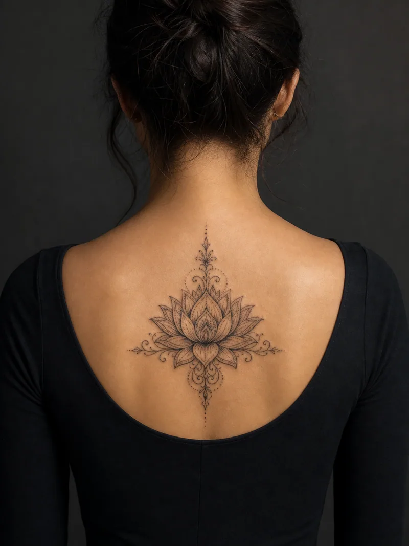 Ornamental lotus tattoo - A symmetrical lotus expands into filigree and soft dotted shading.