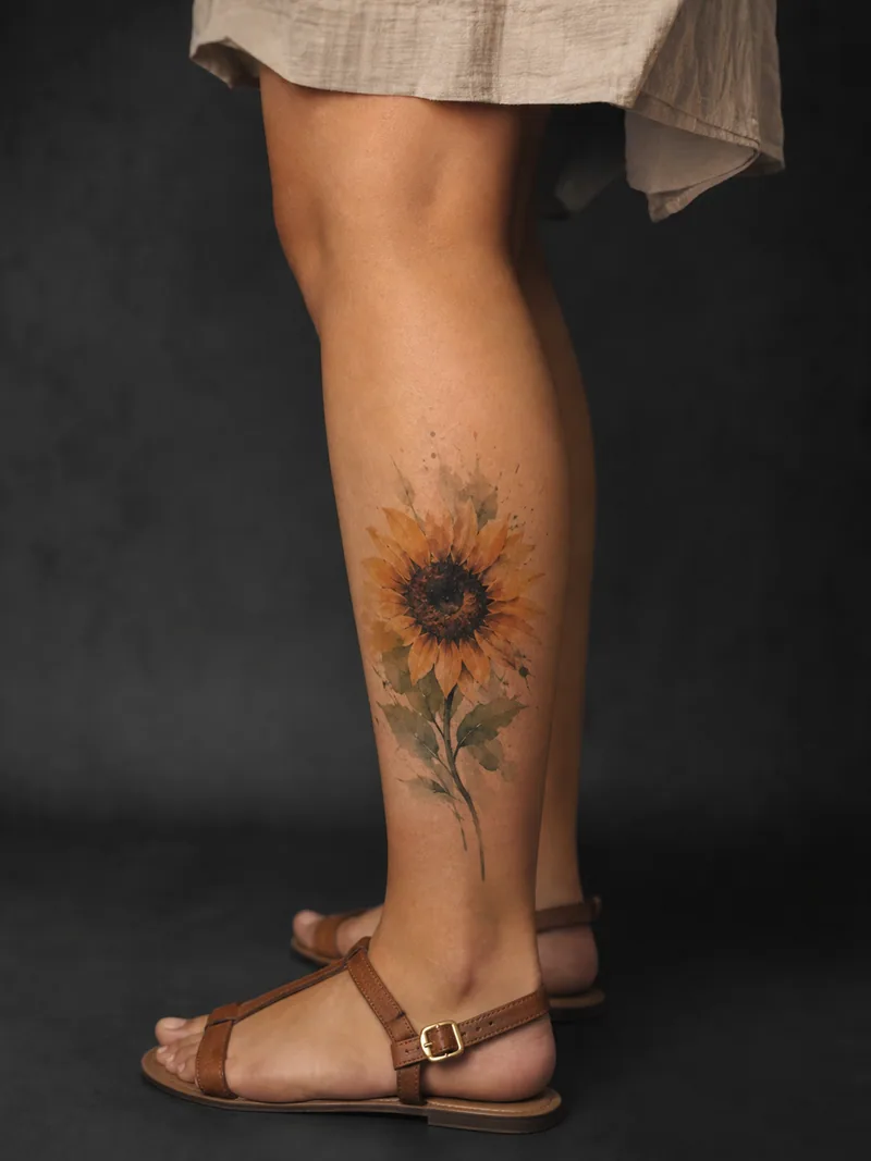 Watercolor sunflower tattoo - A warm sunflower combines a defined center with restrained pigment washes.