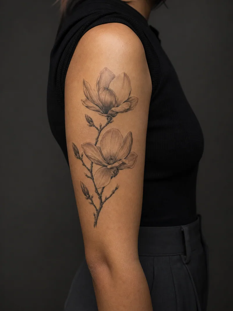 Realistic magnolia tattoo - Two open magnolias sit on a softly shaded branch shaped to the upper arm.