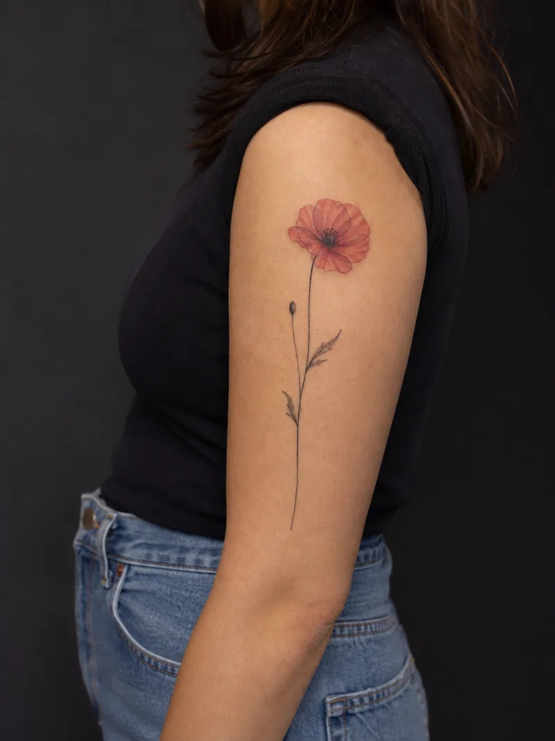 Red poppy upper-arm tattoo - A translucent red poppy rises from a narrow black stem without heavy detail.