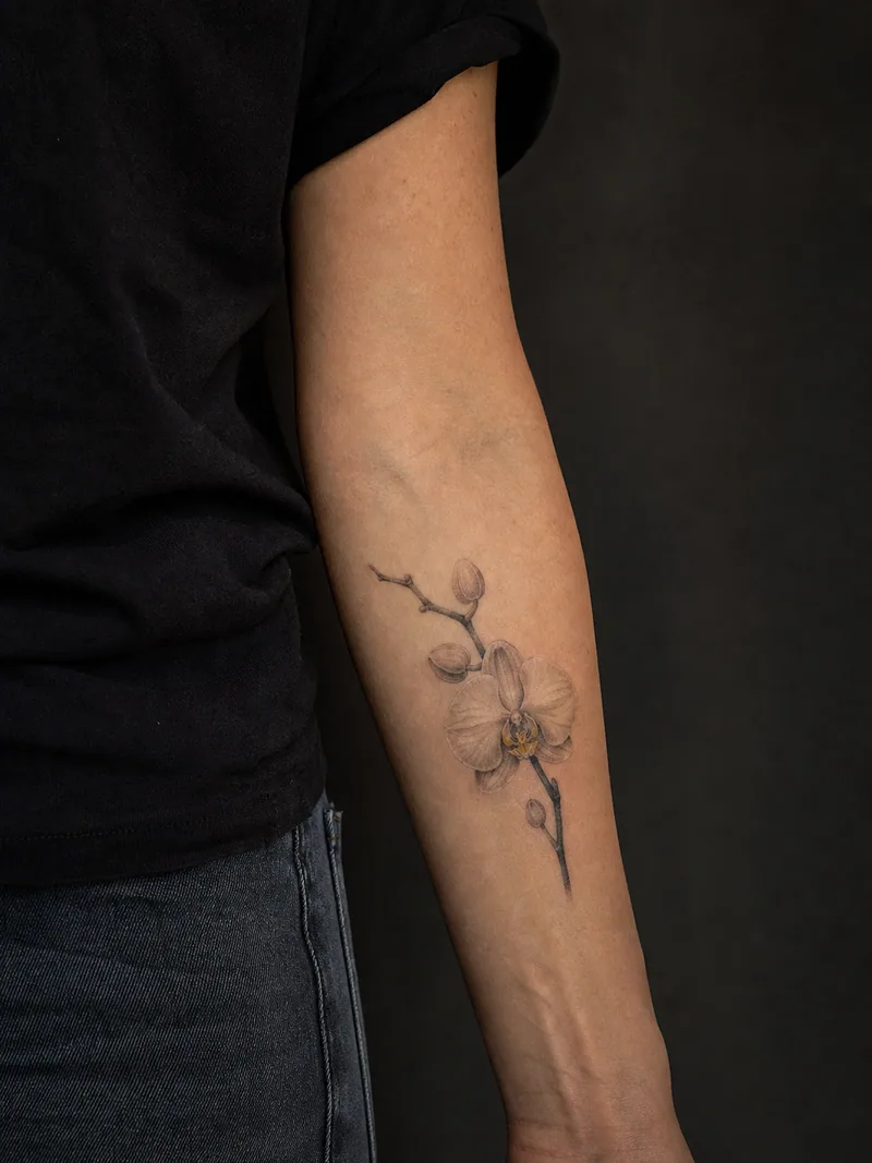 Microrealist orchid tattoo - A white orchid relies on soft grey shading and one muted yellow center.
