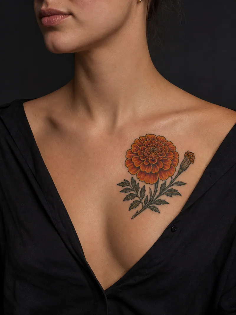 Marigold tattoo - A saturated marigold balances layered petals with two dark green leaves.