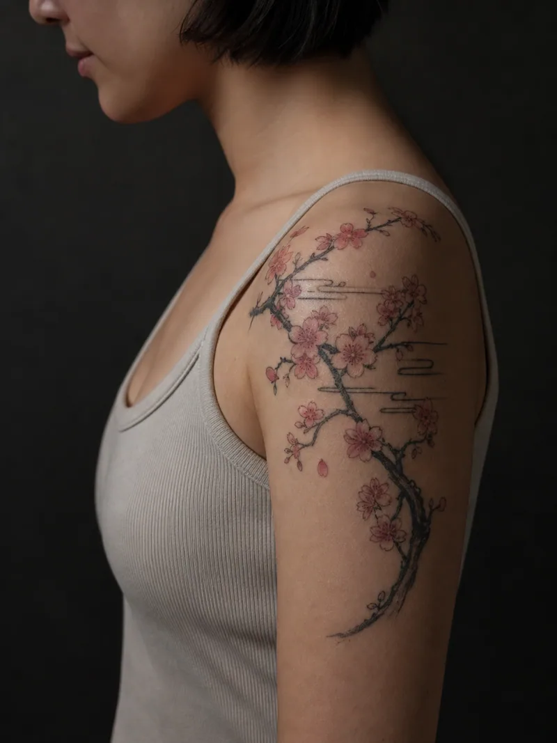 Cherry blossom tattoo - A flowering branch sweeps over the shoulder through soft wind bars.