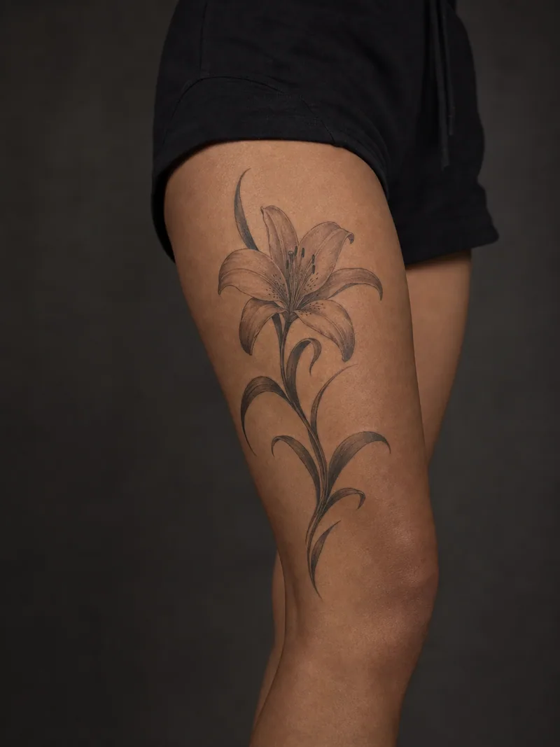 Black and grey lily tattoo - Long lily petals and leaves follow the vertical line of the thigh.