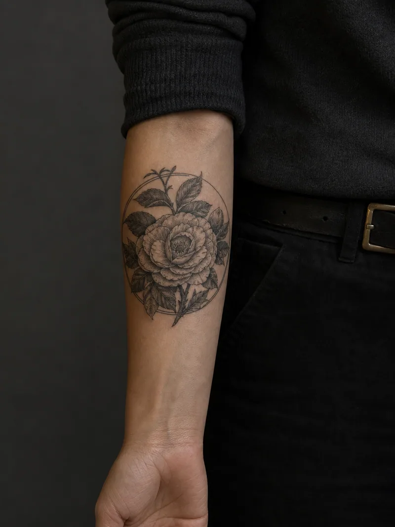 Engraved camellia tattoo - Dense botanical hatching gives a round camellia the feel of an antique study.