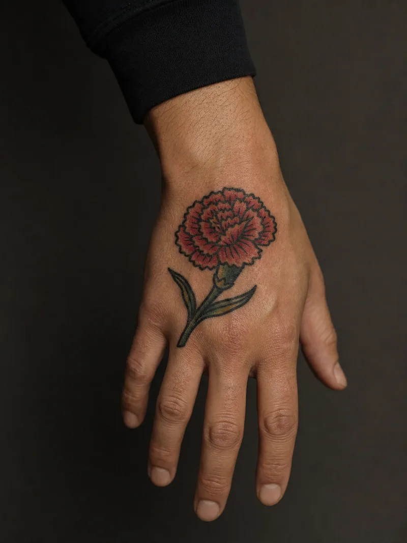 Traditional carnation tattoo - A red carnation uses bold edges and a compact stem suited to the hand.
