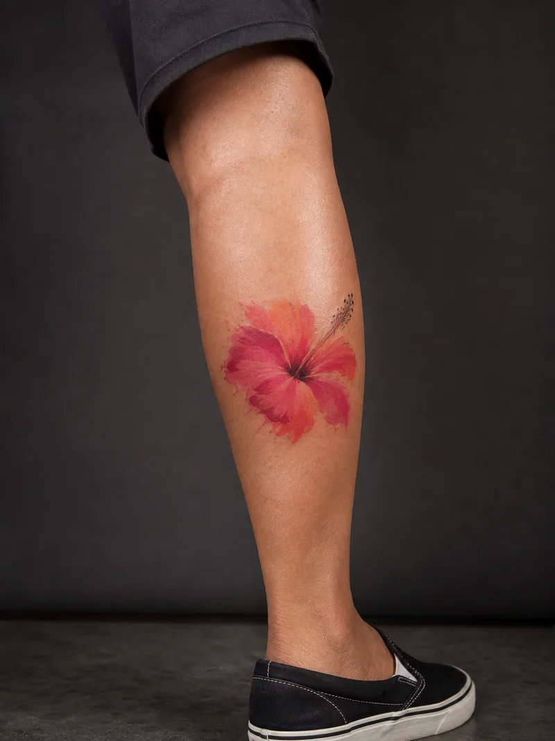 Watercolor hibiscus tattoo - Loose coral and magenta washes surround a few precise black stamens.