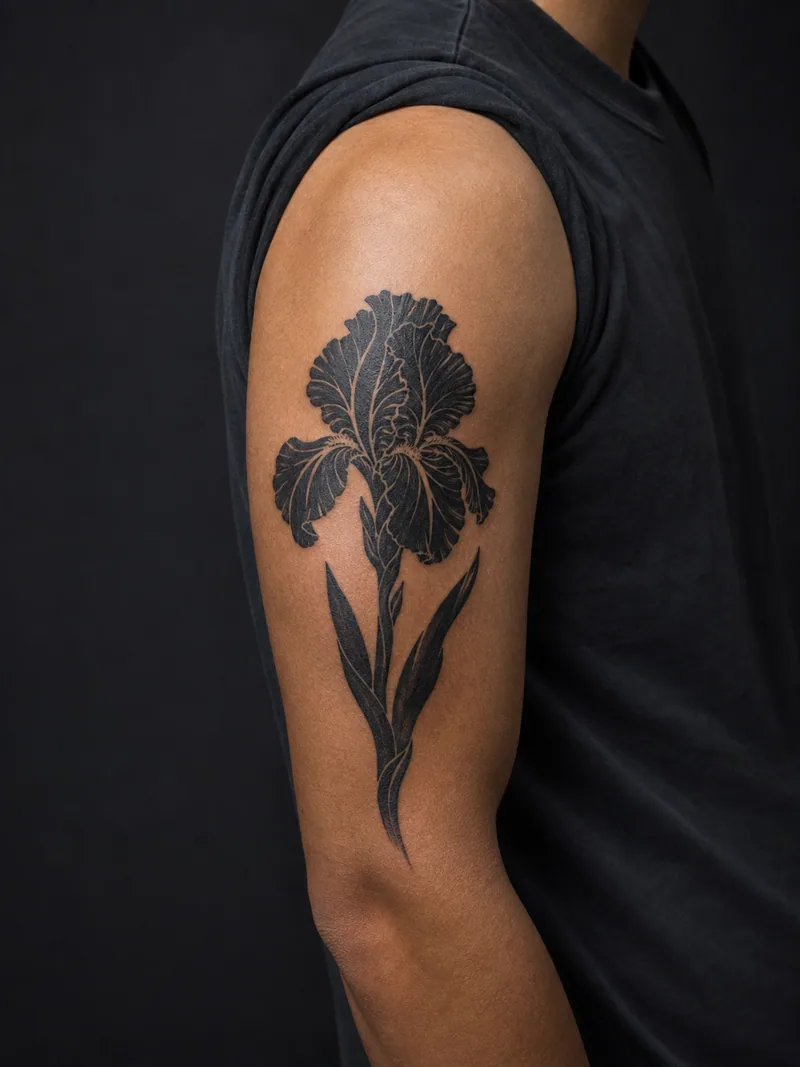 Blackwork iris tattoo - Broad black petals are separated by crisp negative-space veins.