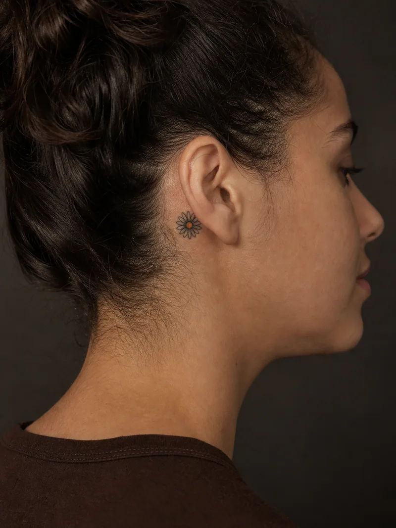 Tiny daisy tattoo - A tiny outlined daisy fits behind the ear with one ochre center.