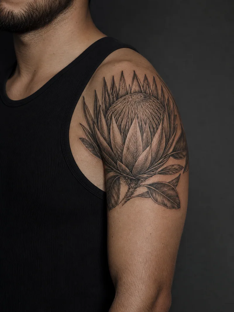 Protea shoulder tattoo - Sculptural protea petals use botanical hatching to wrap the shoulder.