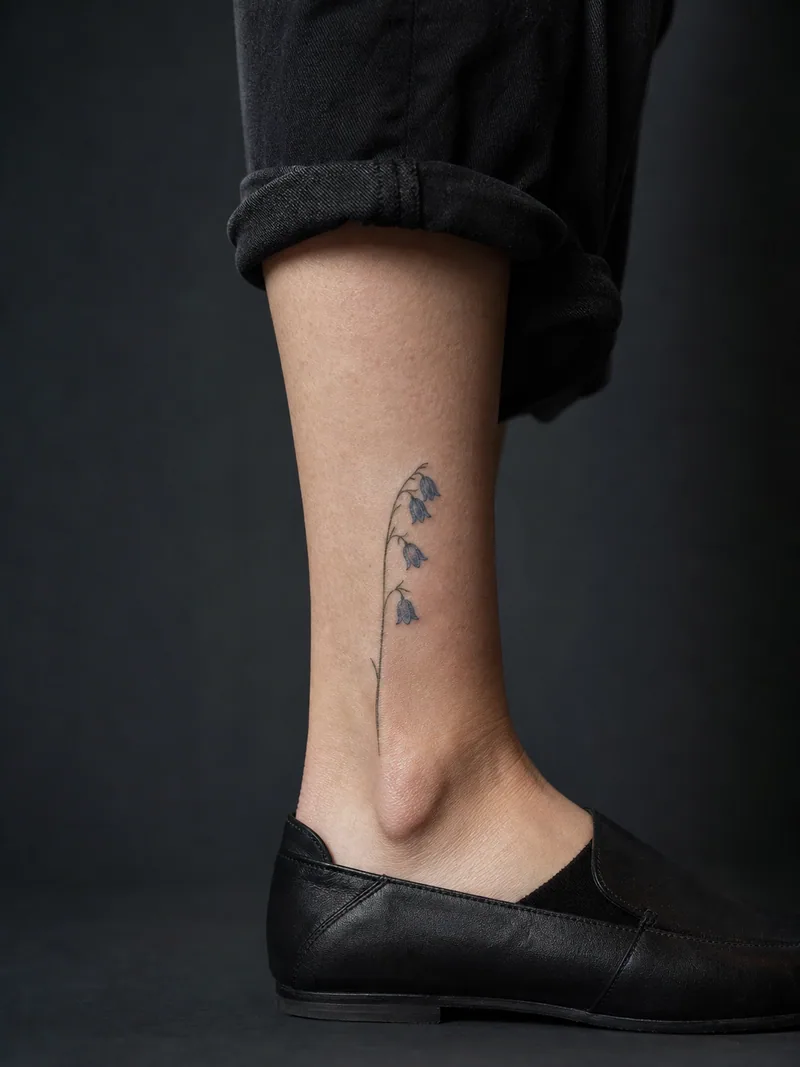 Fine-line bluebell tattoo - Four muted blue bells hang from a slim stem above the ankle.