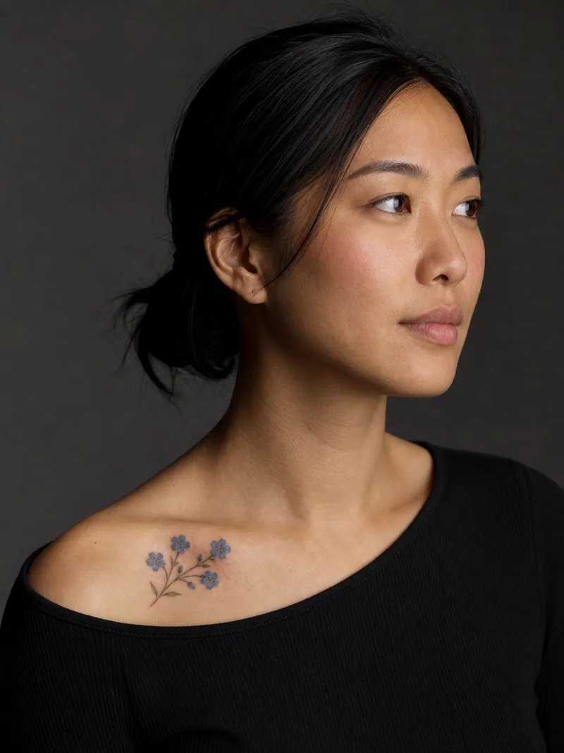 Forget-me-not tattoo - A small cluster of blue flowers sits lightly near the shoulder.
