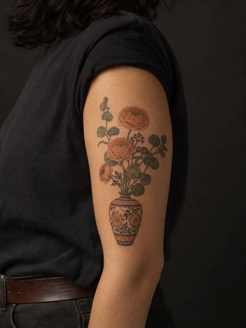 Flower vase tattoo - Ranunculus and eucalyptus rise from a patterned terracotta vase.