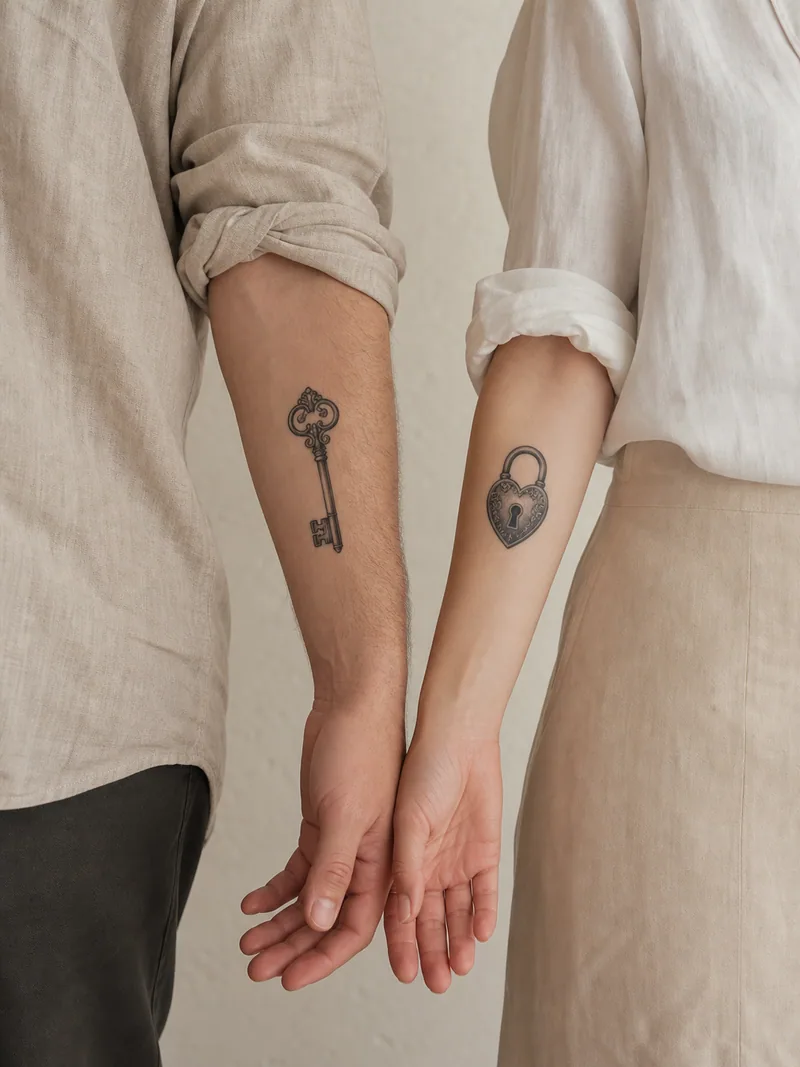 Lock and key couple tattoos - complementary vintage key and heart-shaped lock