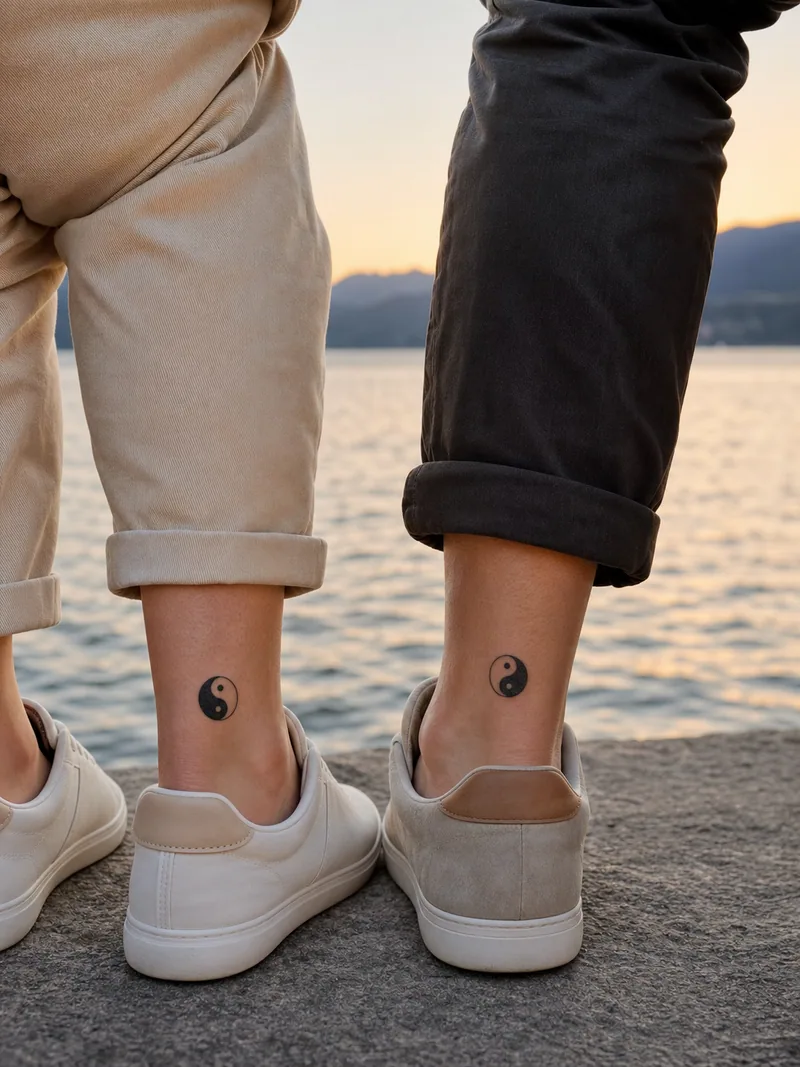 Yin and yang ankle tattoos - matching circular yin and yang symbols by the lake