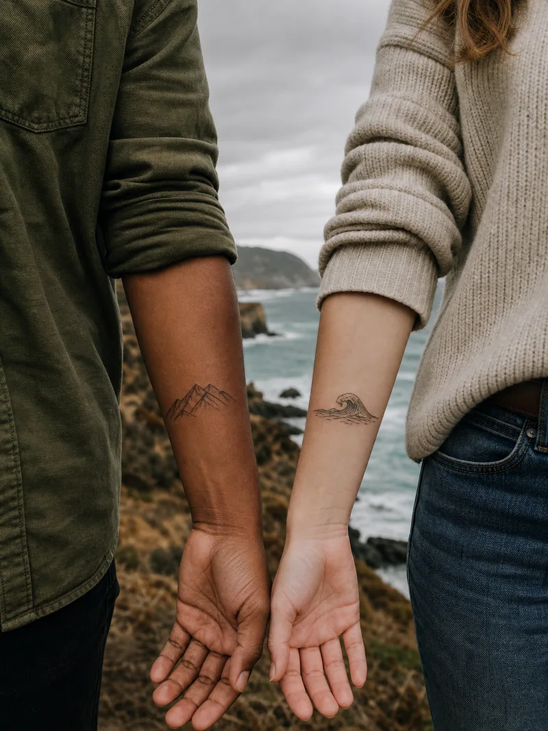 Mountain and ocean tattoos - complementary mountain ridge and ocean wave