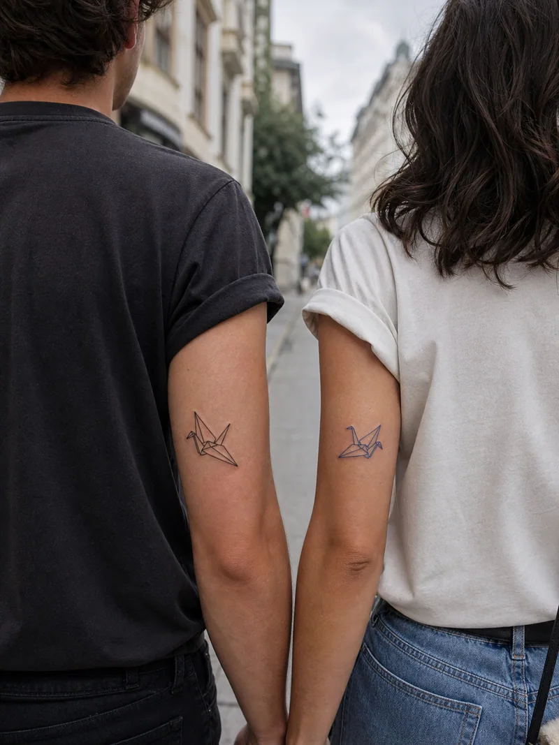 Origami crane couple tattoos - matching origami cranes in two restrained colours