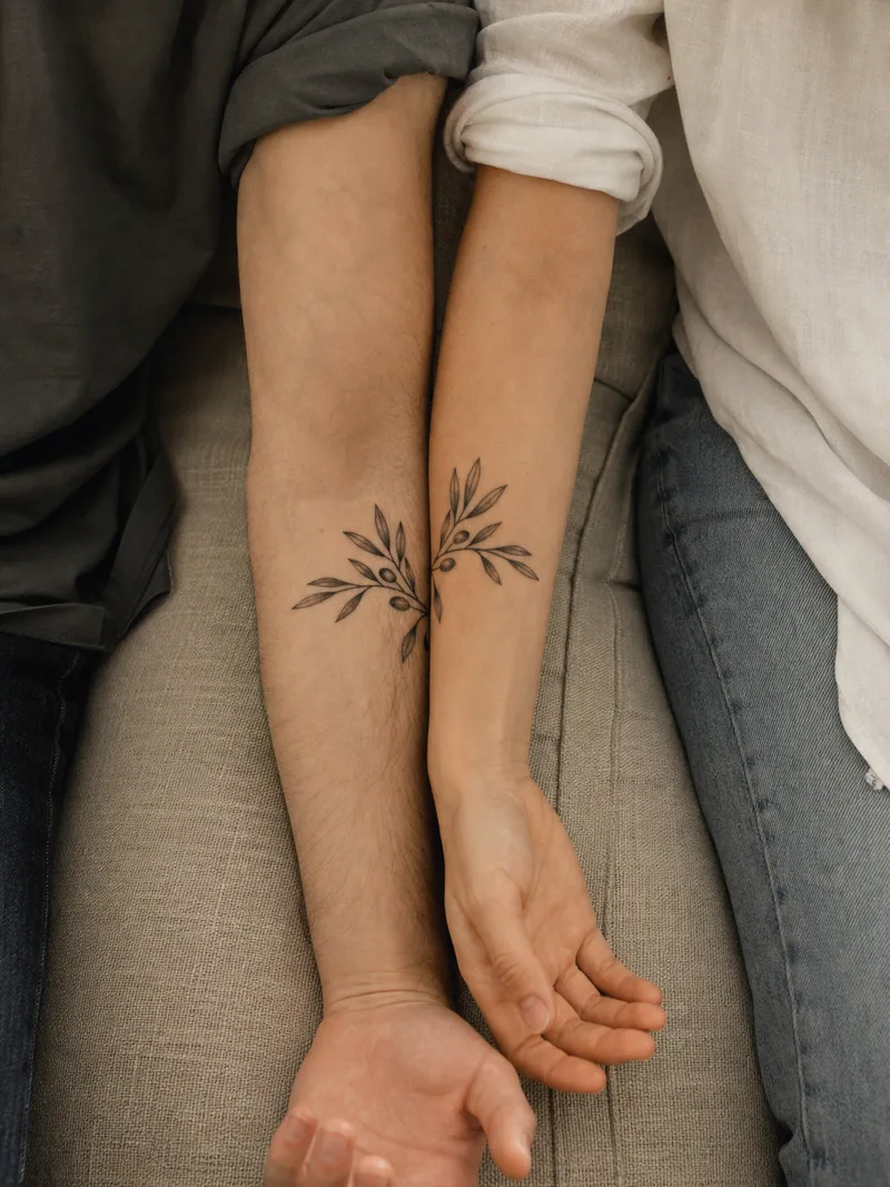 Shared olive branch tattoos - two botanical halves forming one continuous olive branch