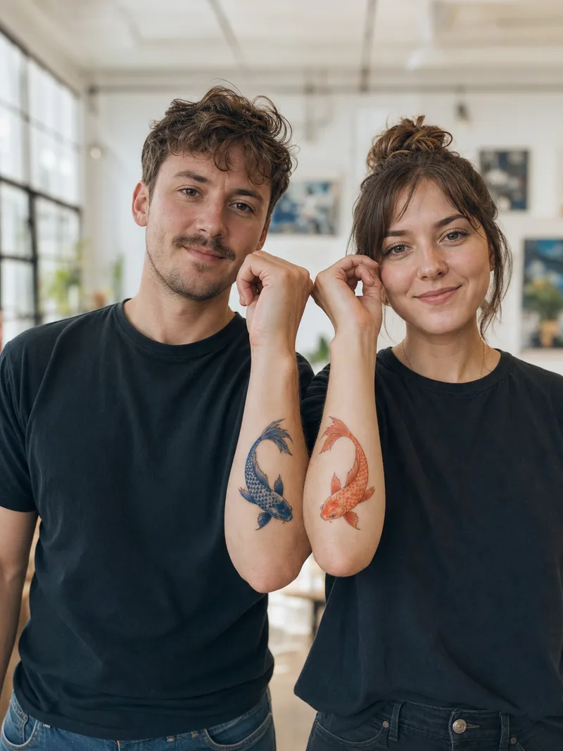 Complementary koi tattoos - two koi curving into a balanced circle