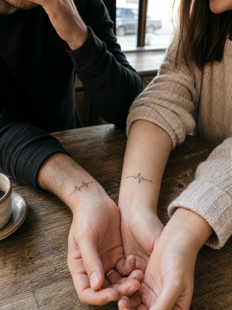 Heartbeat couple tattoos - matching fine line heartbeat rhythms