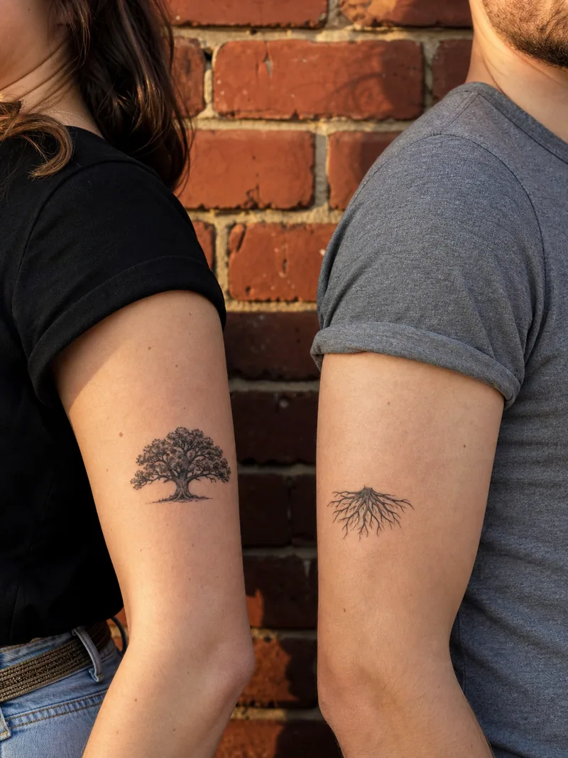 Tree and roots couple tattoos - oak canopy paired with a detailed root system