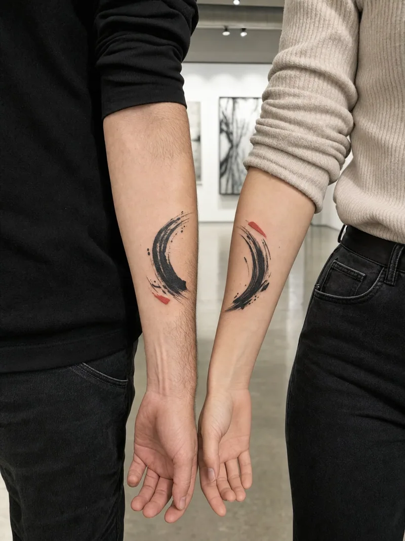 Abstract brushstroke couple tattoos - two brushstroke halves completing one fluid circle