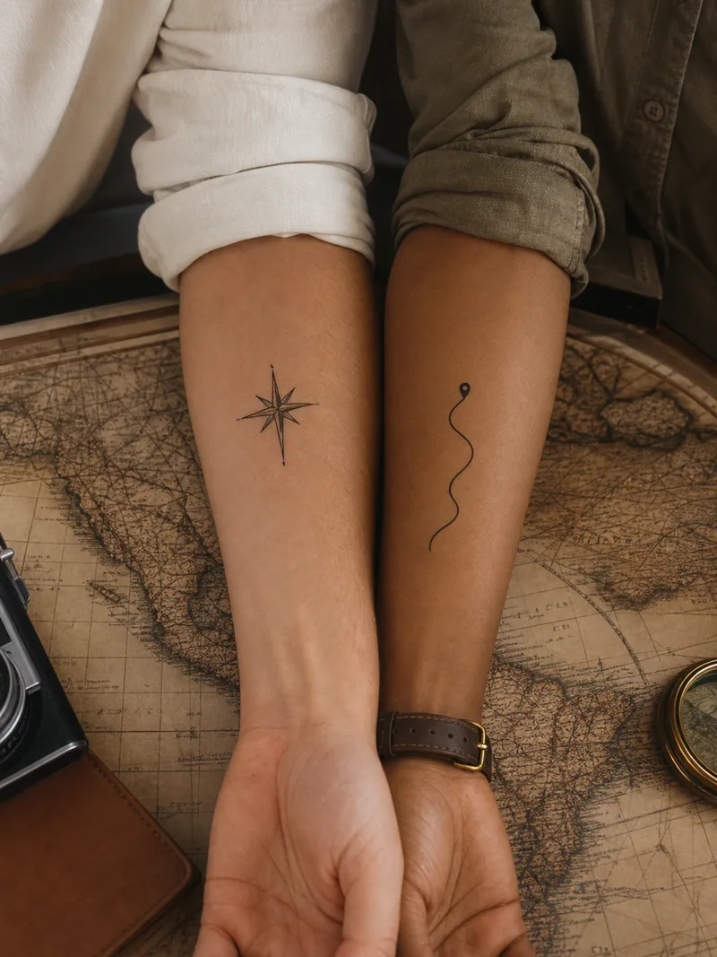Compass and route tattoos - travel pair with a compass rose and simple route line