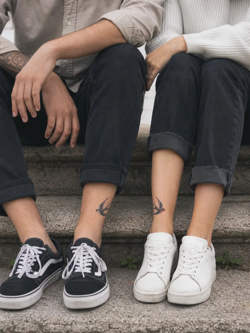 Traditional swallow couple tattoos - two small swallows facing toward one another