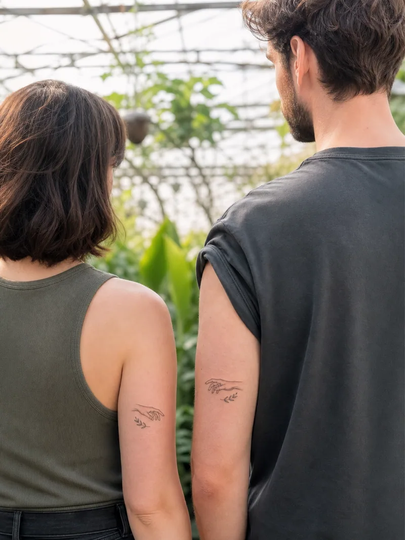 Reaching hands couple tattoos - complementary reaching hands with tiny leaf sprigs