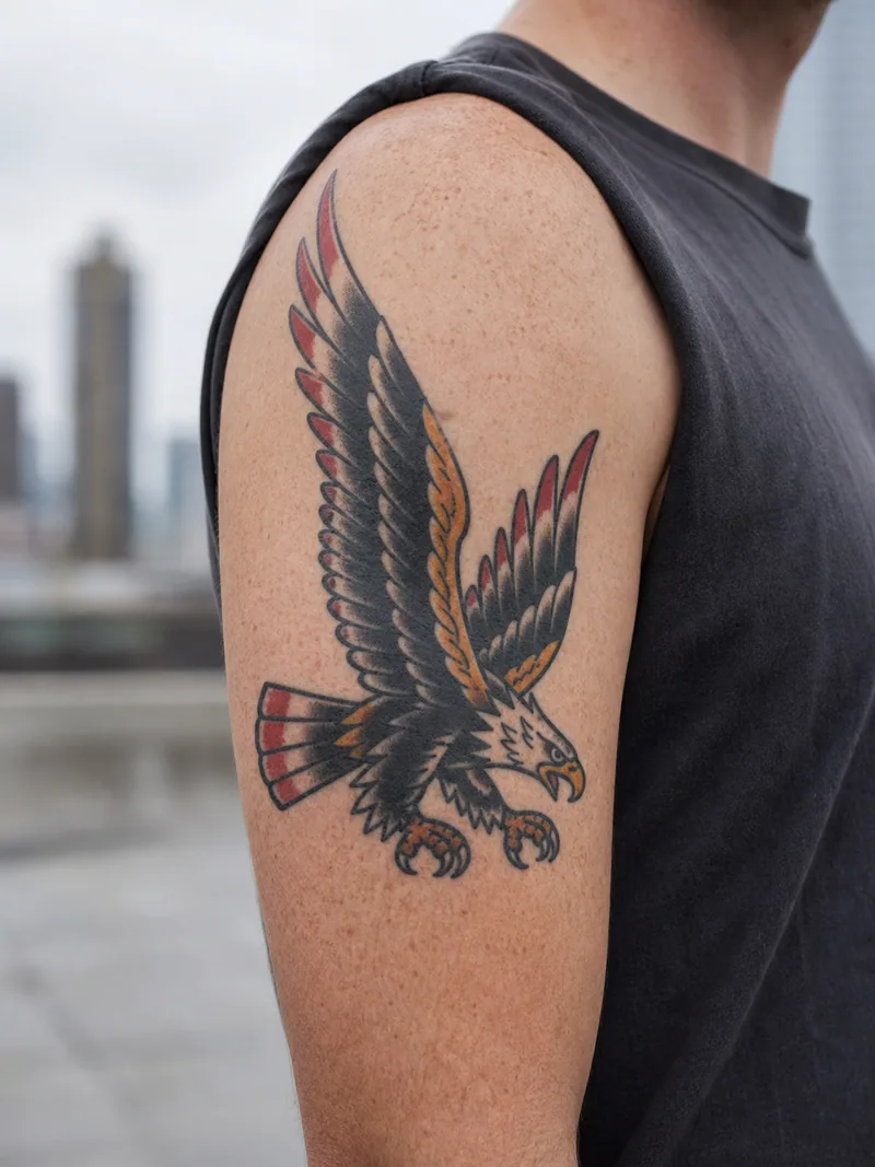 Traditional eagle tattoo - spread-wing eagle fitted to a man's upper arm