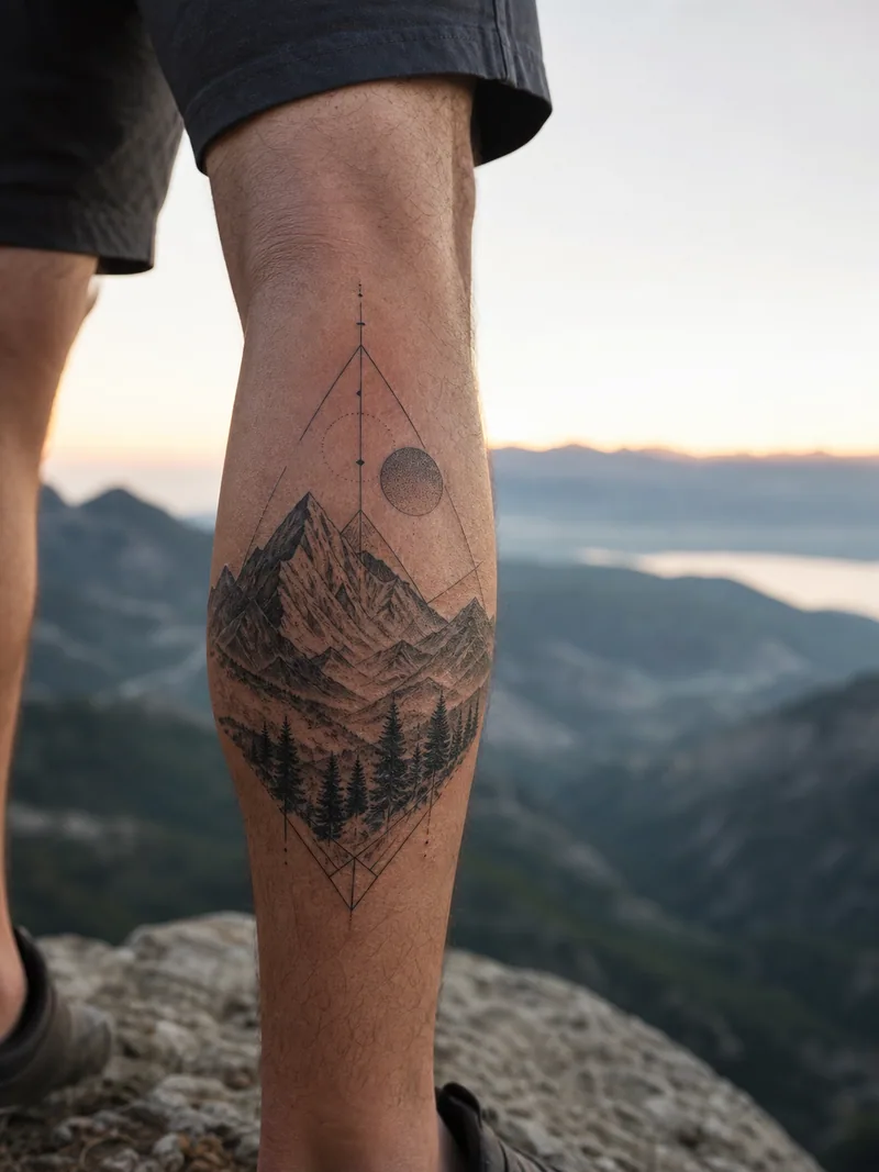 Geometric mountain tattoo - mountain landscape built into a vertical calf composition