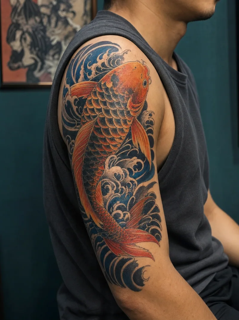 Koi and waves tattoo - flowing koi and wave composition on a man's upper arm