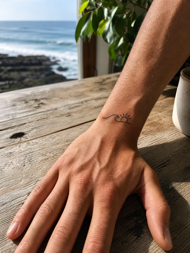 Minimal wave wrist tattoo - single-line ocean wave and sun just above the wrist