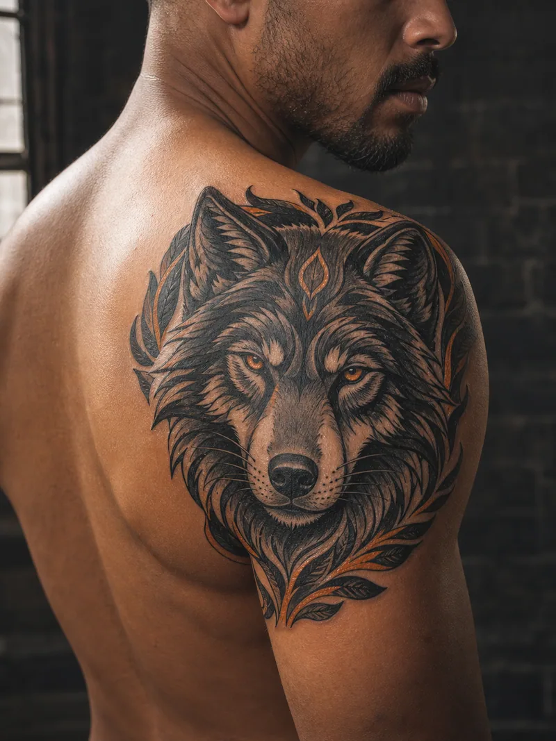 Wolf shoulder tattoo - wolf portrait shaped to the shoulder cap