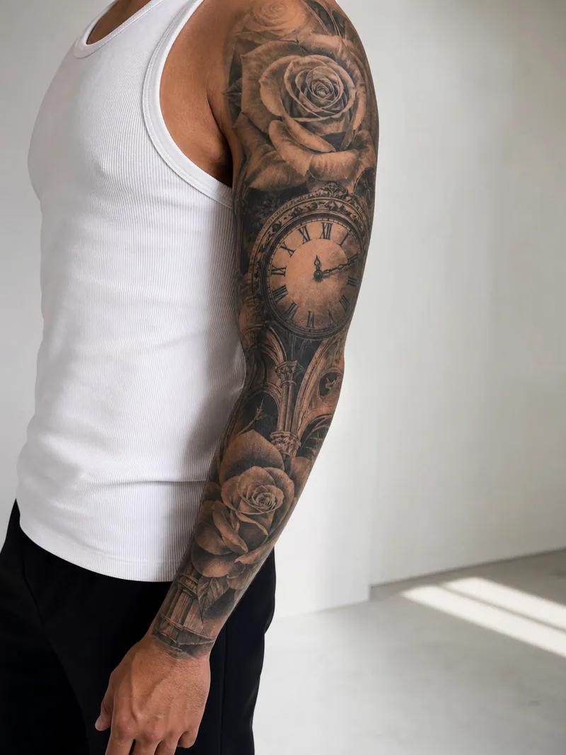 Clock and roses sleeve tattoo - cohesive sleeve with an antique clock, roses and architecture