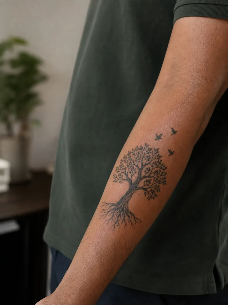 Family tree forearm tattoo - rooted tree with three small birds and open skin