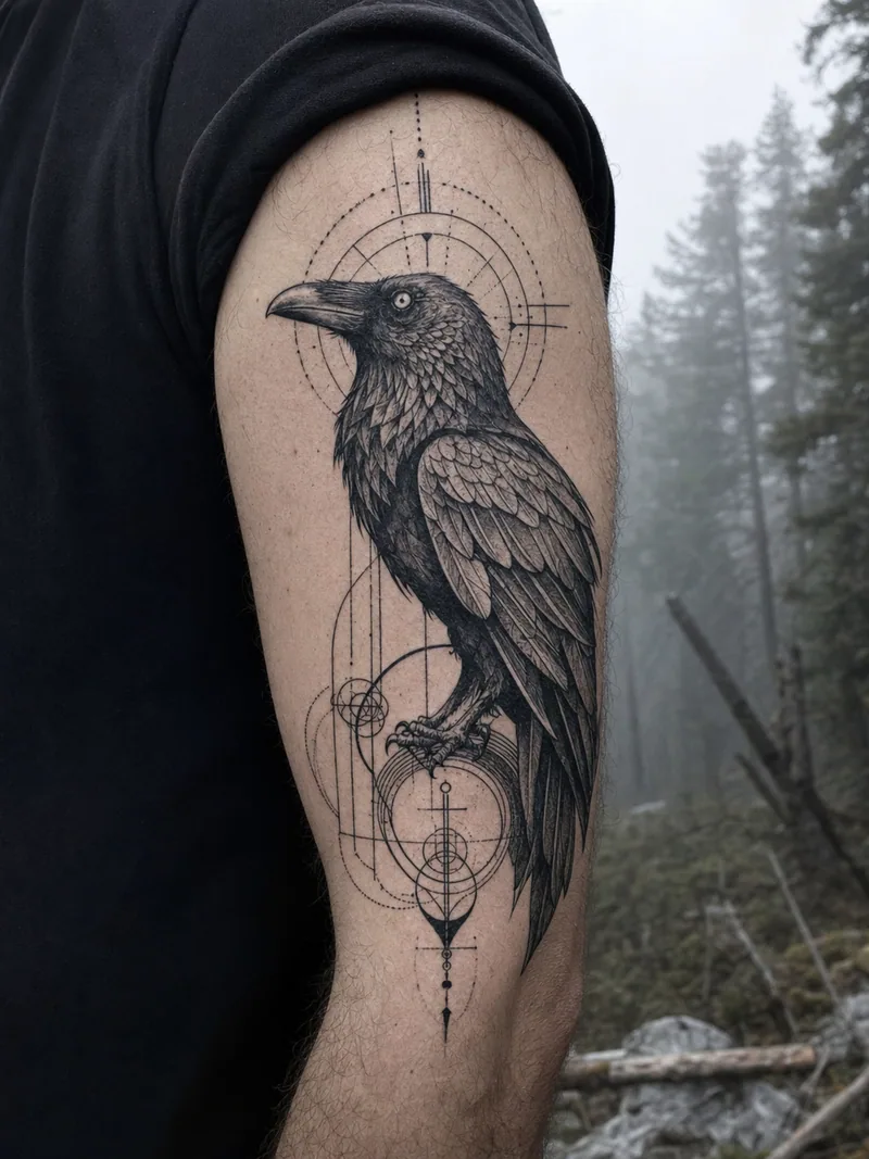 Ornamental raven tattoo - detailed raven with precise geometric ornament