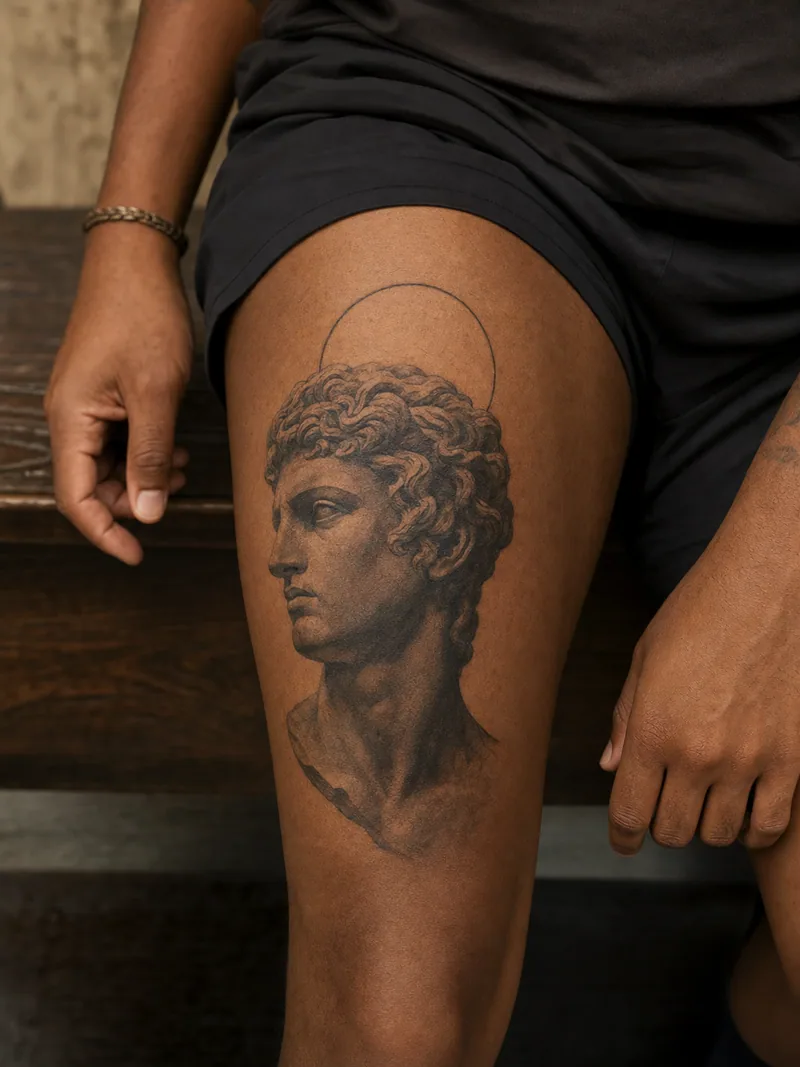 Classical statue thigh tattoo - marble portrait with a restrained geometric circle